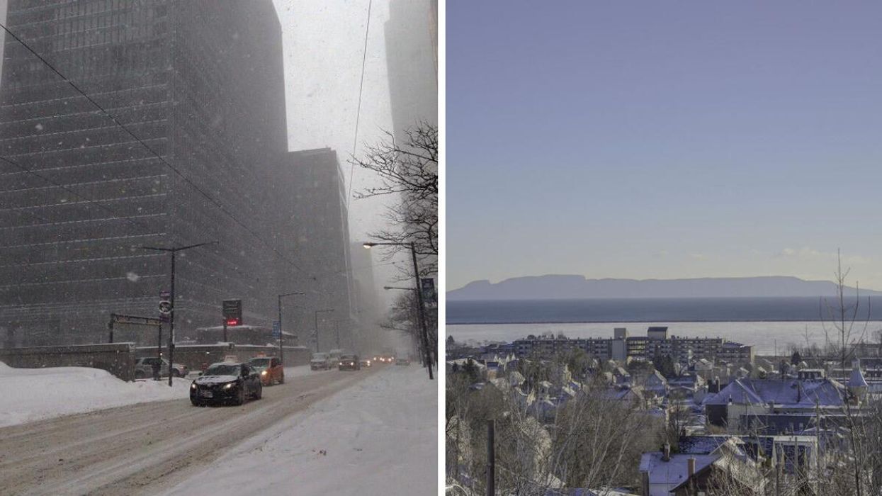 A snowy road in Ontario. Right: Thunder Bay in winter.