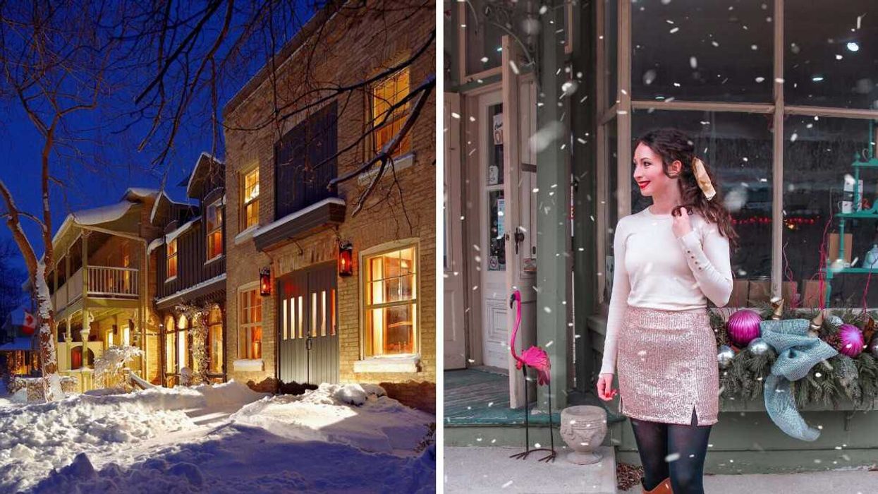 A snowy street at night. Right: A person standing outside a store.
