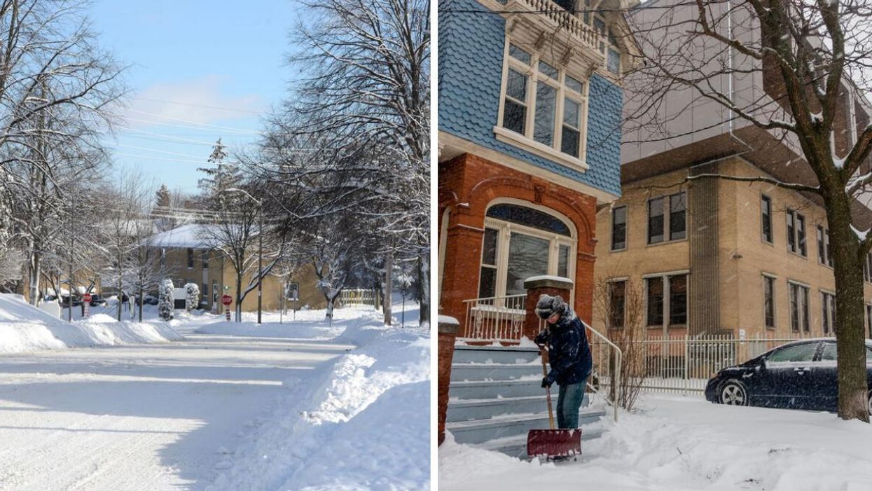 A snowy street in Ontario. Right: Someone shovelling snow in Toronto.
