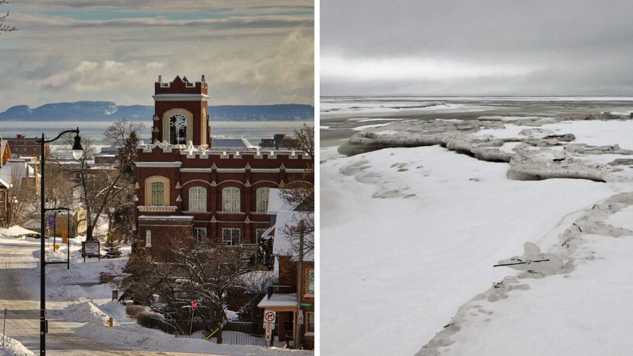 A snowy street in Thunder Bay. Right: An icy Lake Superior