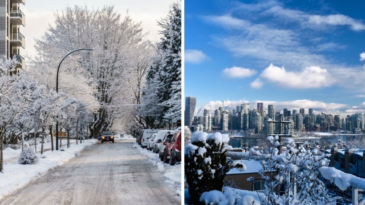 A snowy street. Right: A city in the snow.