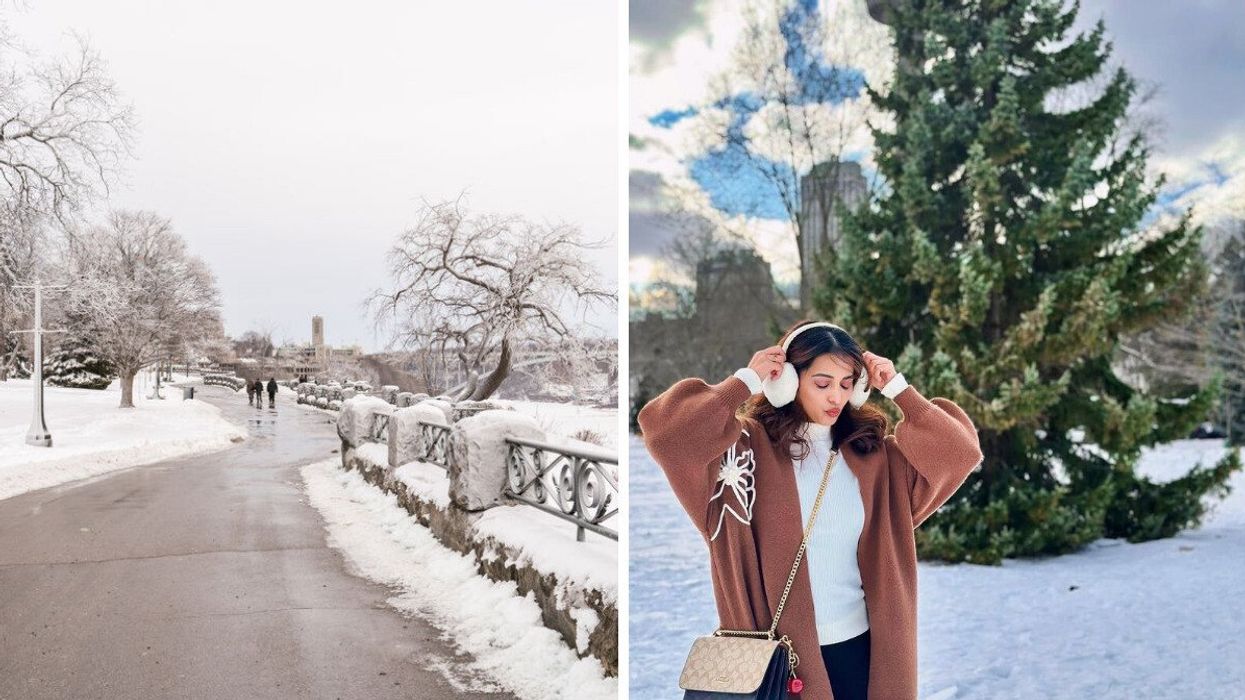 A snowy street. Right: A person standing by a tree in the winter.