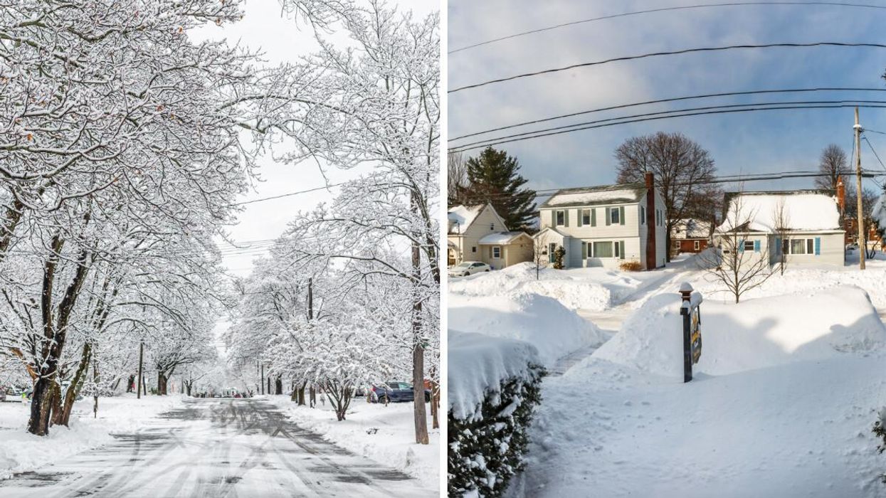 A snowy street. Right: Houses covered in snow in Canada.