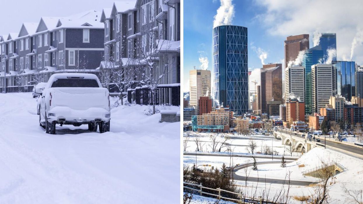 A snowy street with a truck covered in snow. Right: Downtown Calgary covered in snow.