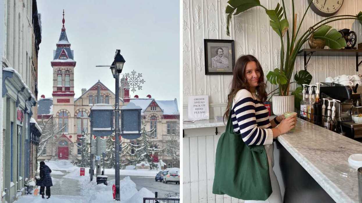 A snowy town. Right: A person at a cafe.