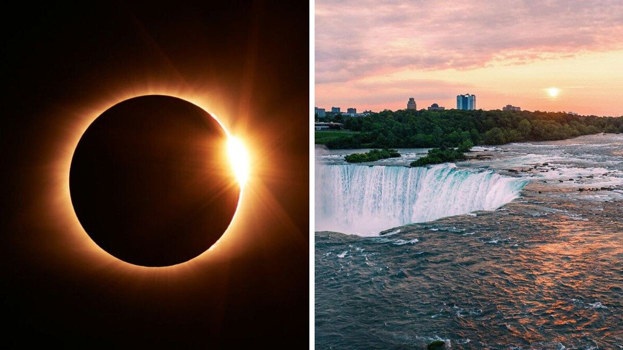 A solar eclipse. Right: Niagara falls.