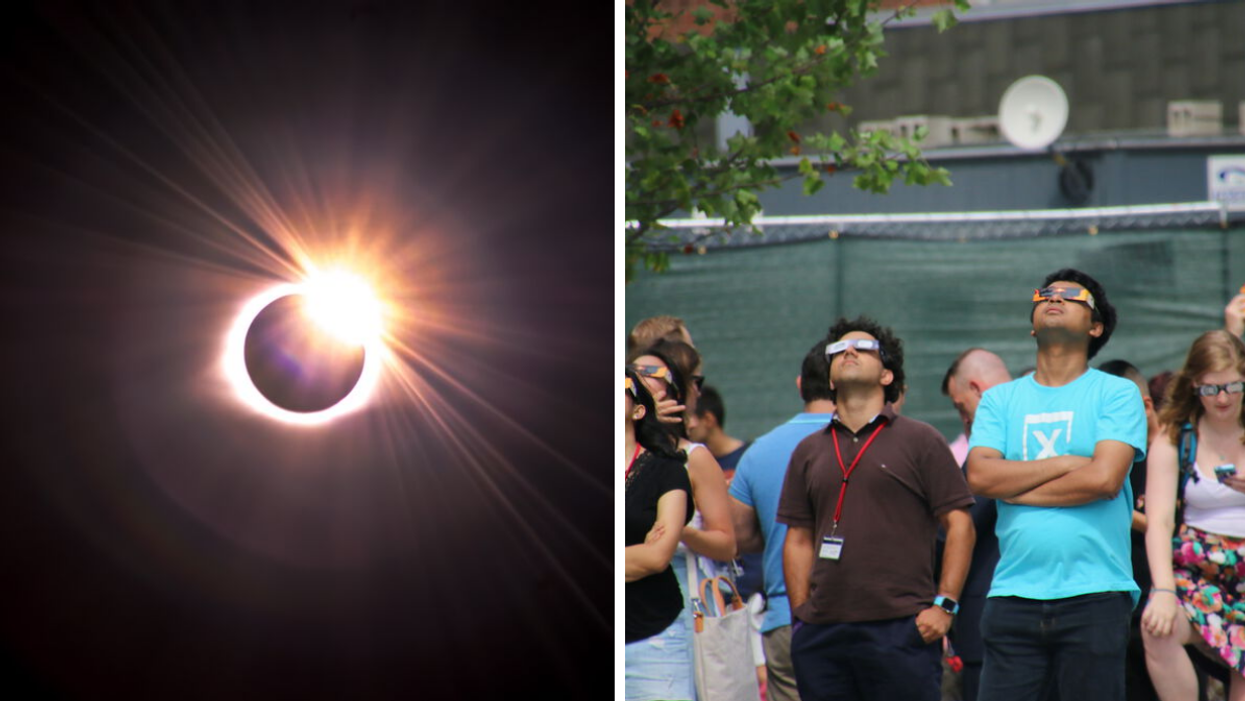 A solar eclipse. Right: People watching an eclipse.