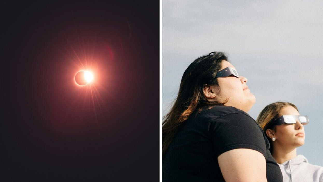 A solar eclipse. Right: People wear eclipse glasses.