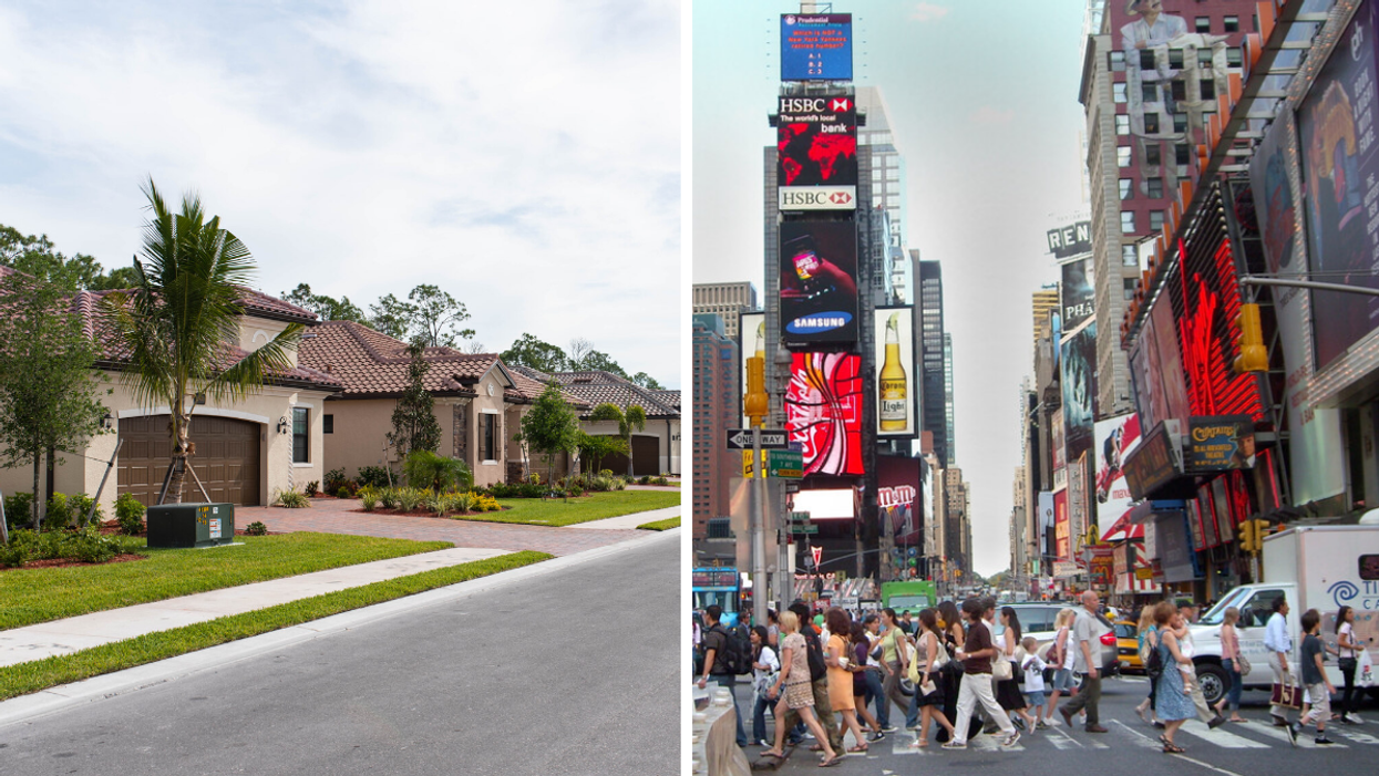 A South Florida neighborhood. Right: Times Square in New York.
