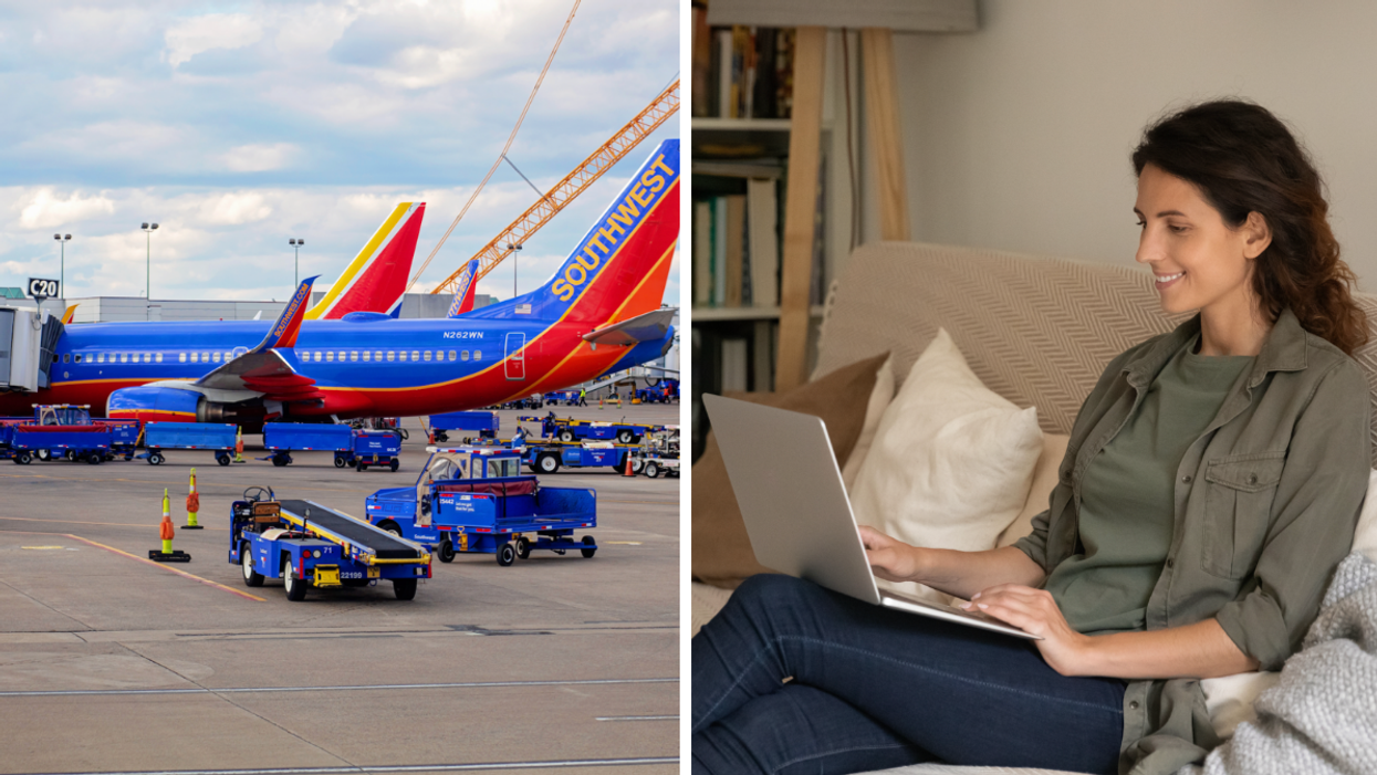 A Southwest Airlines plane. Right: A woman working on a laptop.
