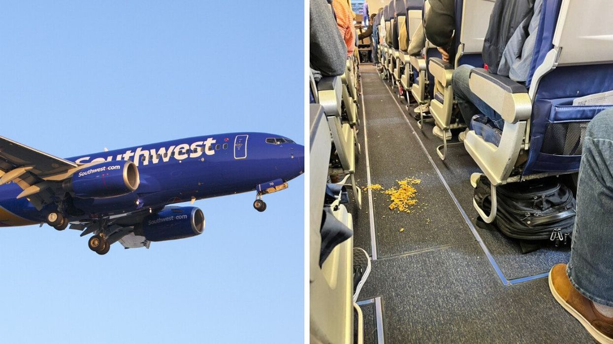 A Southwest Airlines plane. Right: Rice spilled in the aisle on a Southwest flight.