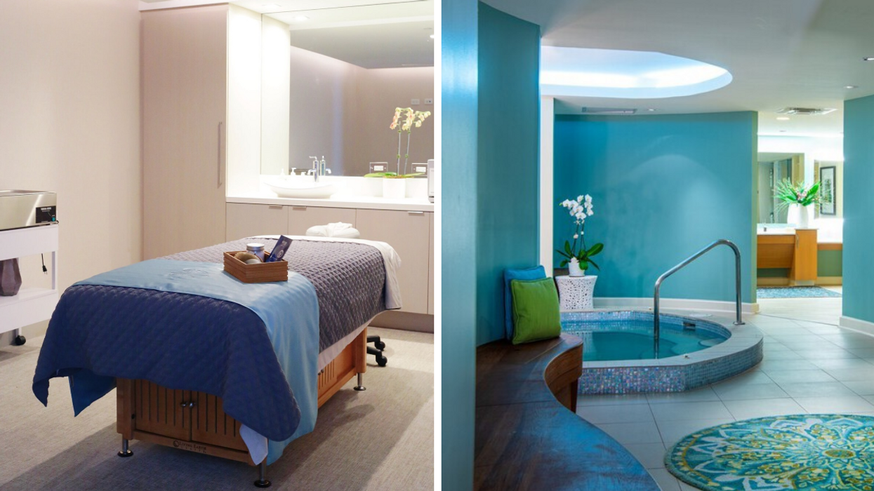 A spa room with a massage bed at The Conrad in Fort Lauderdale, Florida. Right: The spa area with blue walls and a round pool at Spa One Ocean in Jacksonville, Florida.