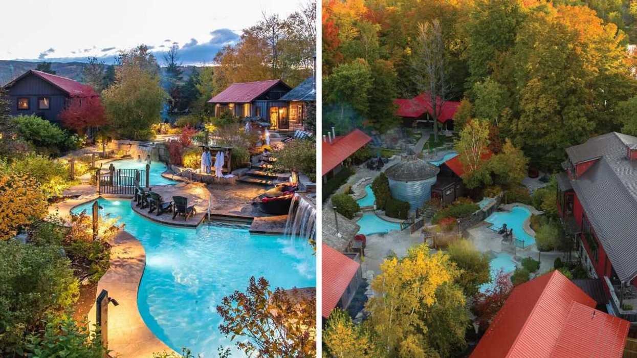 A spa surrounded by colourful trees.