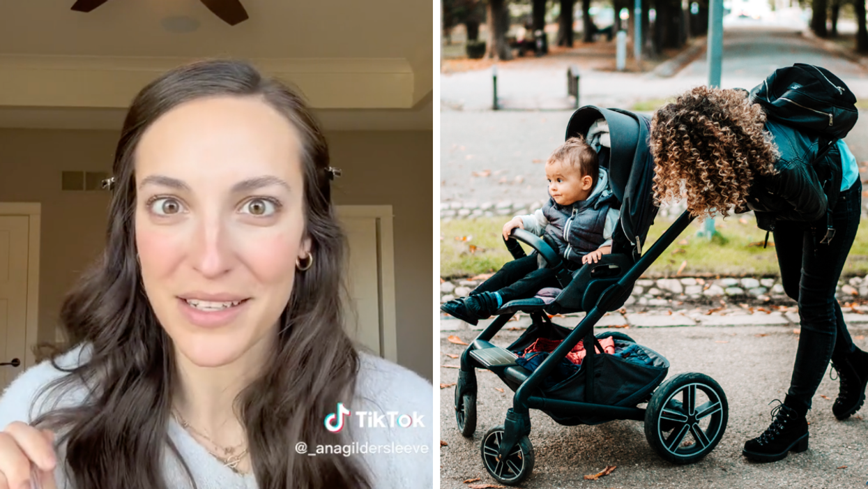 A Spanish mother comparing Spain to the. U.S. Right: A mom with a stroller.
