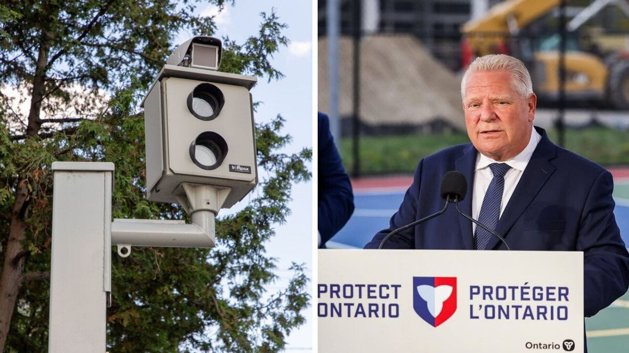 A speed camera in Ottawa. Right: Doug Ford holds a press conference.