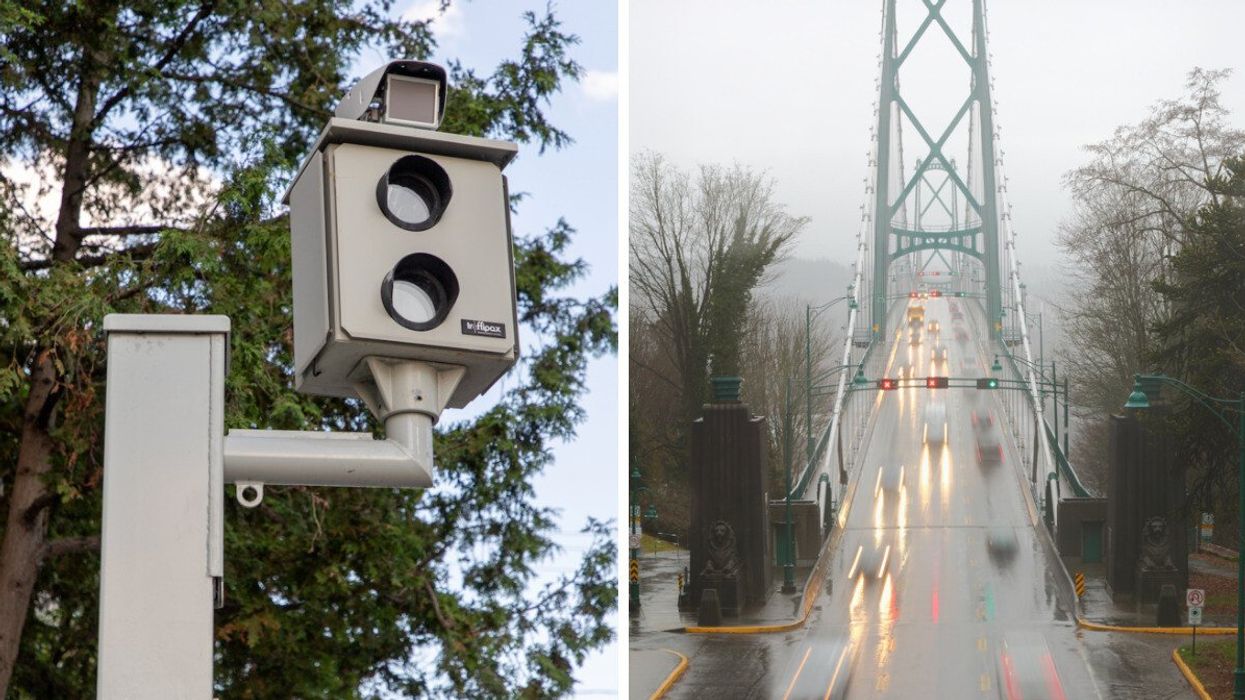A speed camera. Right: Lions Gate Bridge in Vancouver.
