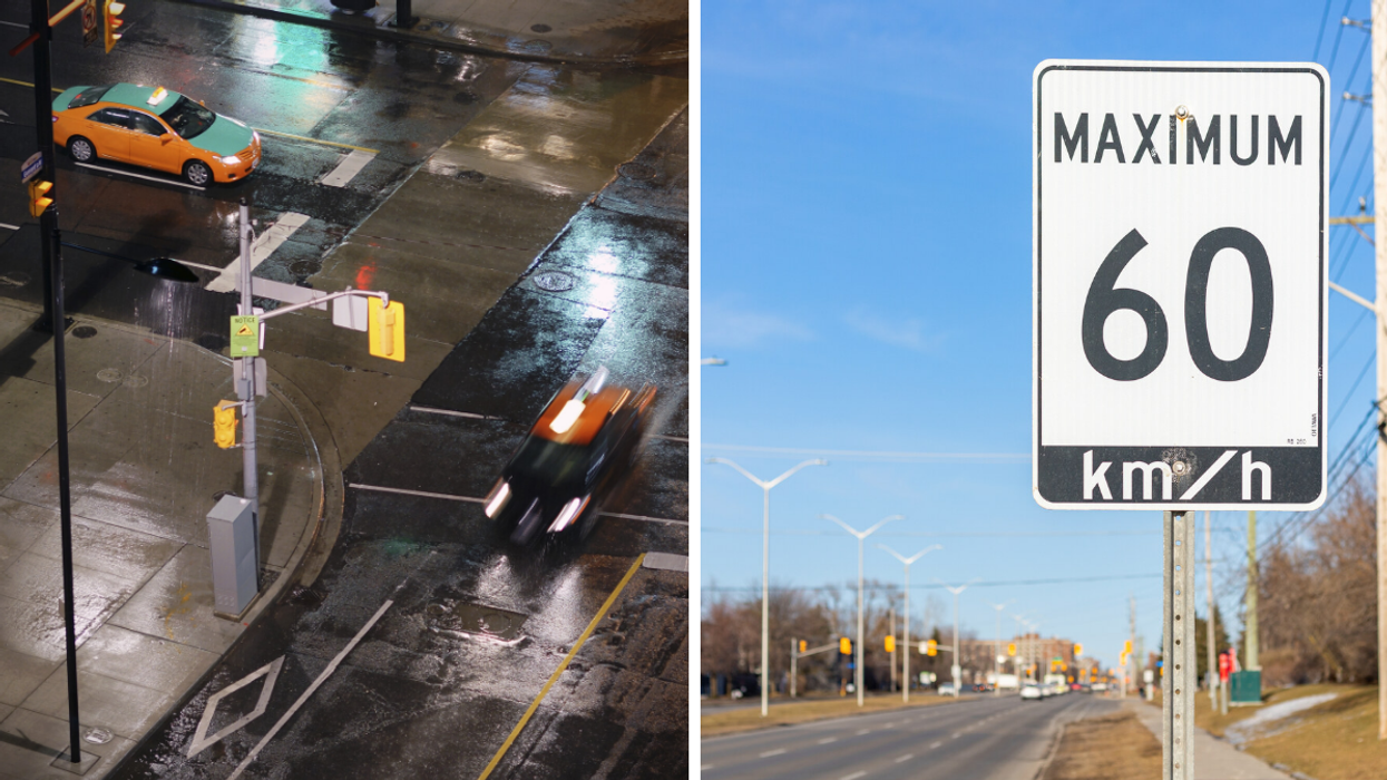 A speeding driver on a downtown Toronto street, Right: A traffic sign with the posted speed limit.