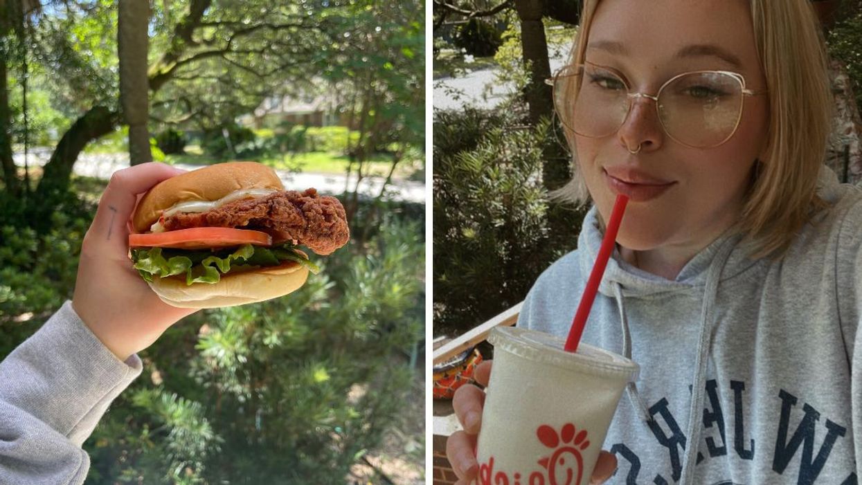 A spicy deluxe chicken sandwich from Chick-fil-A. Right: Maeve with a frosted lemonade.