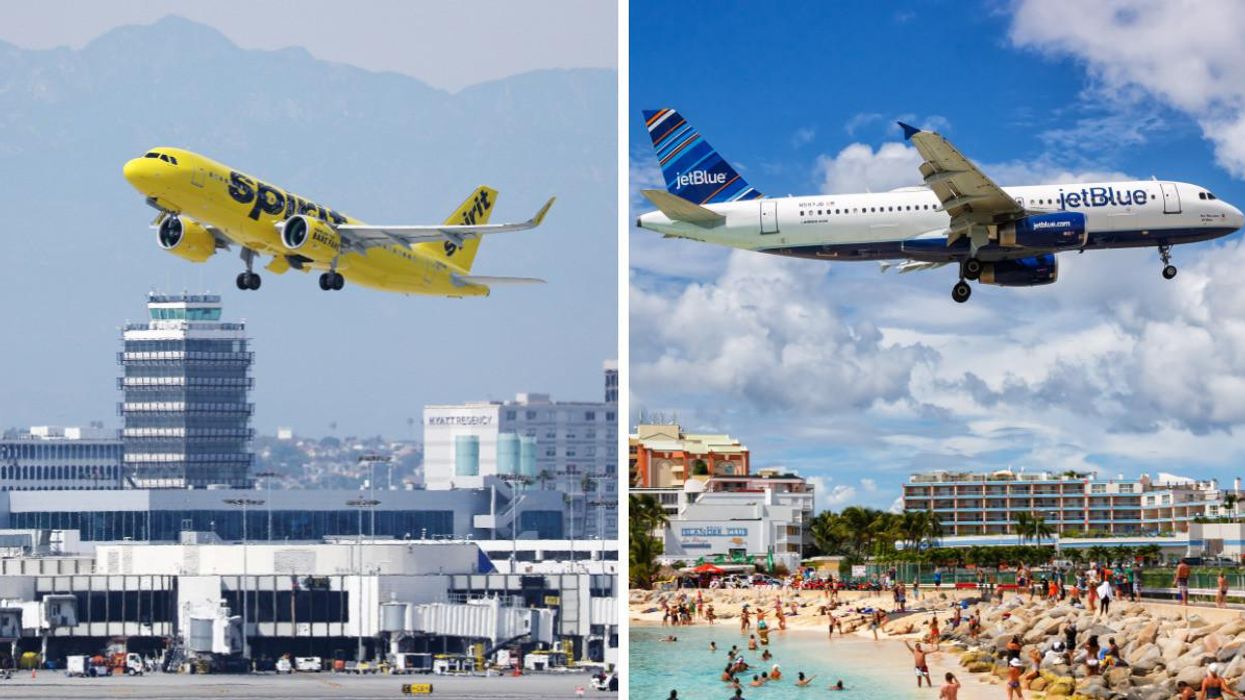 A Spirit Airlines flight taking off. Right: A JetBlue flight landing over a beach.