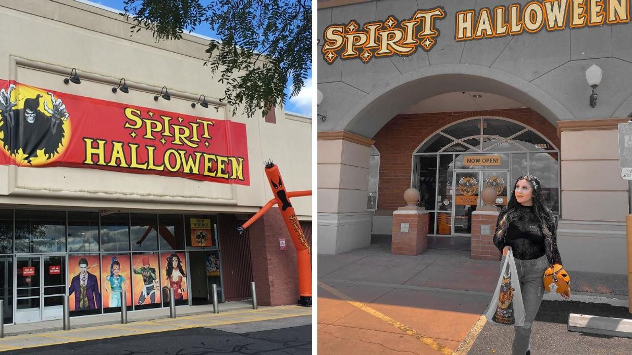 A Spirit Halloween store. Right: A person stands in front of a Spirit Halloween Store in Arizona.
