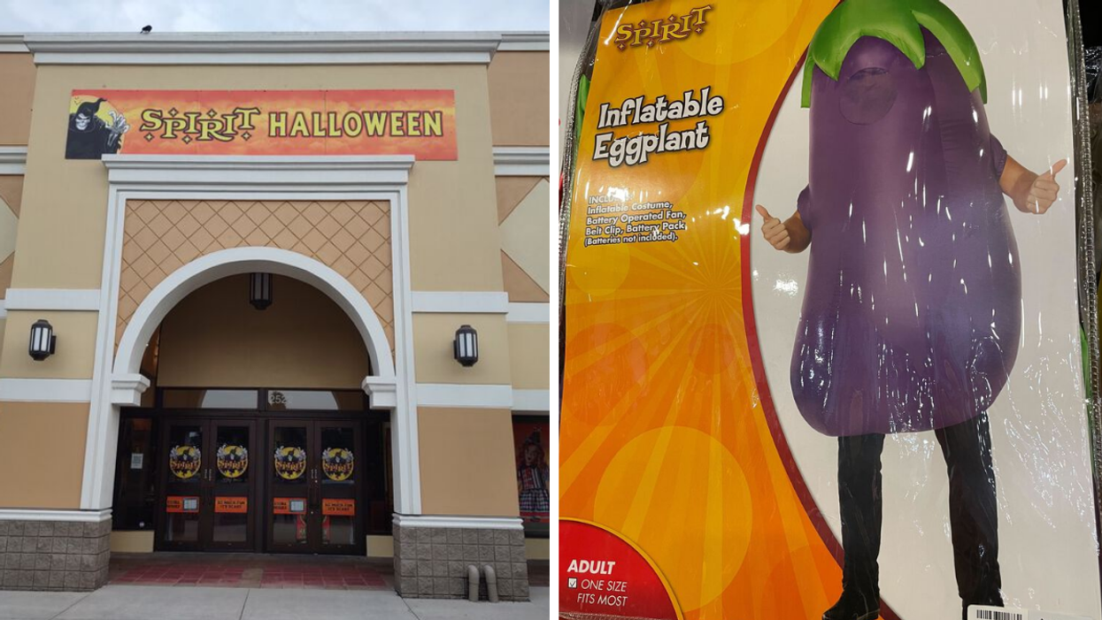 A Spirit Halloween store. Right: A Spirit Halloween eggplant costume.