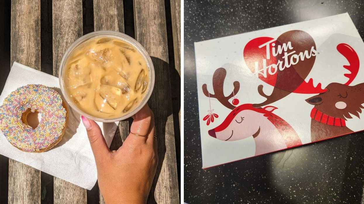 A sprinkle donut on a white napkin with a hand holding an iced drink. Right: A white, red and brown box of Tim Hortons donuts on a black speckled table.