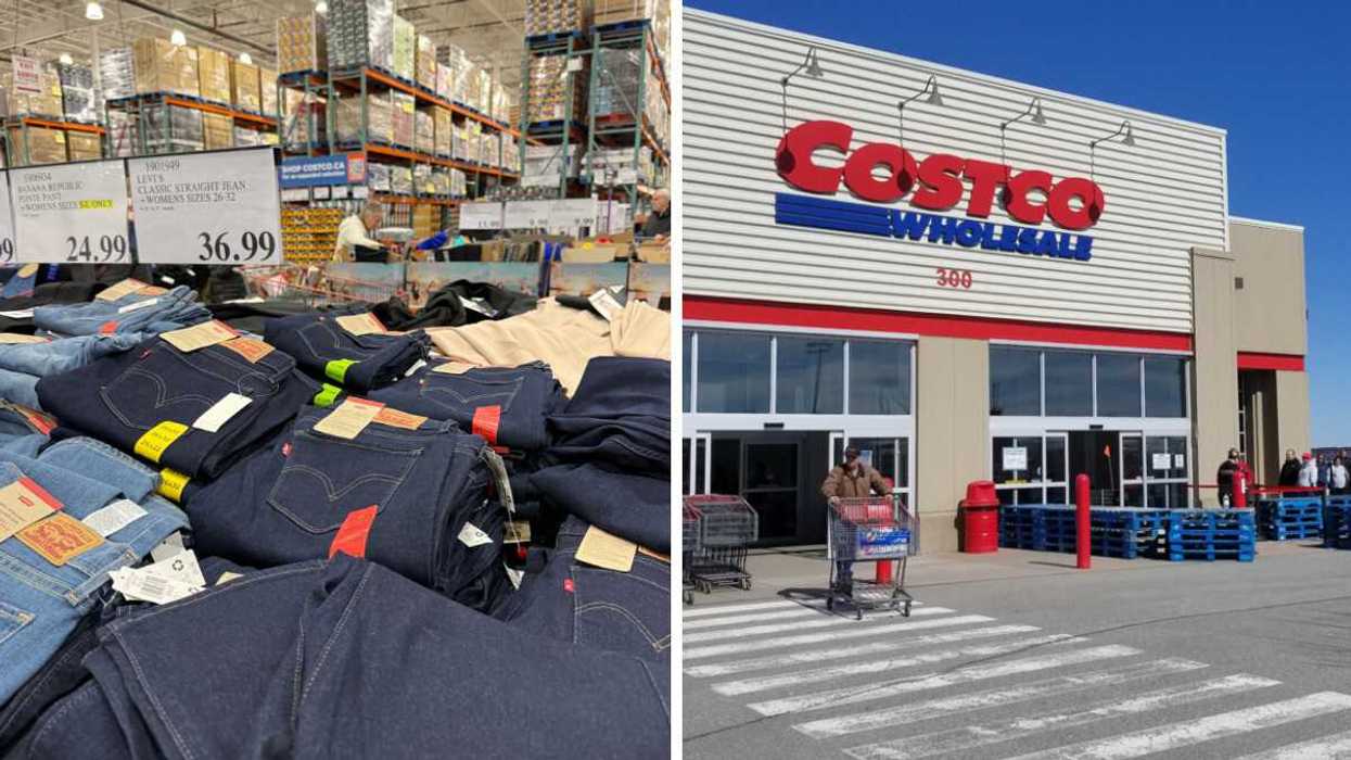 A stack of Levis jeans. Right: A Costco Wholesale.