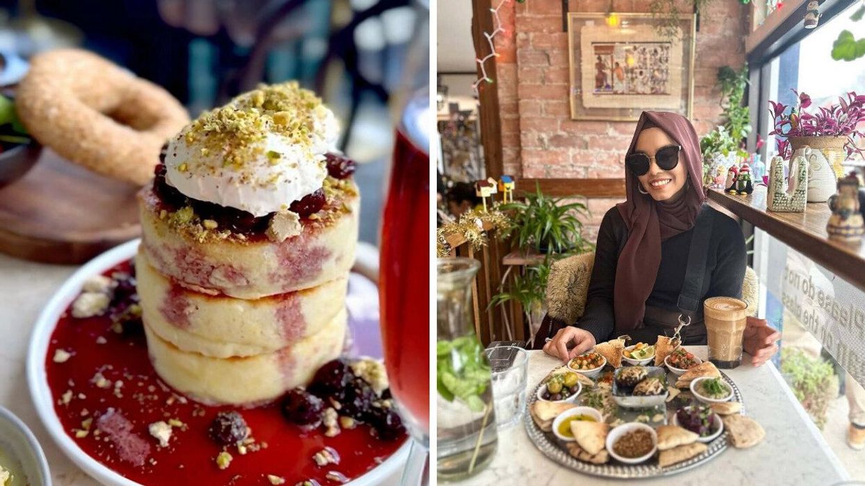 A stack of pancakes. Right: A person sitting at a restaurant.
