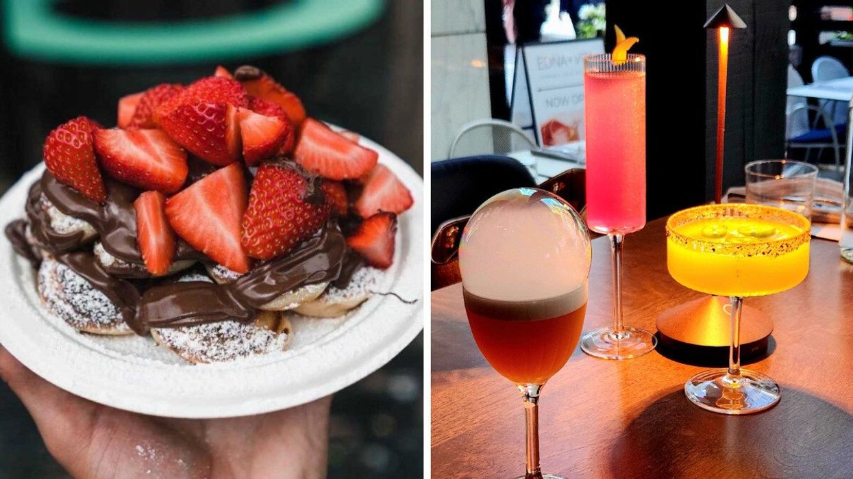 A stack of pancakes with chocolate spread and strawberries. Right: Three Cocktails.