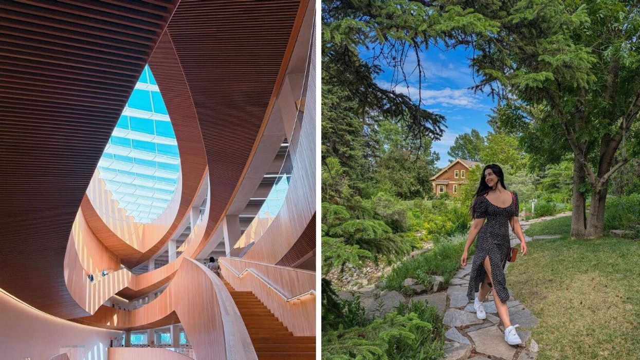 A staircase. Right: A person walking outside.