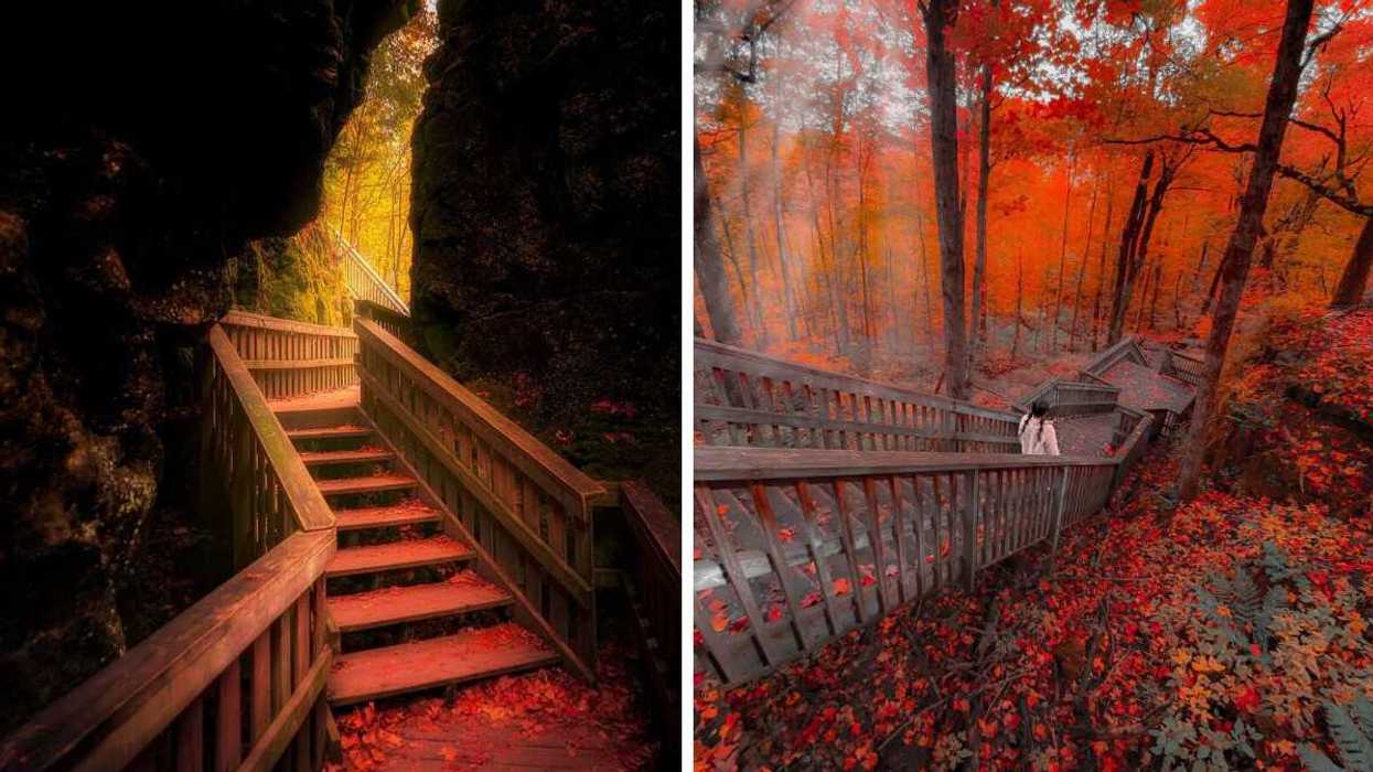 A stairway through a canyon. Right: A person walking down a woodland stairway.