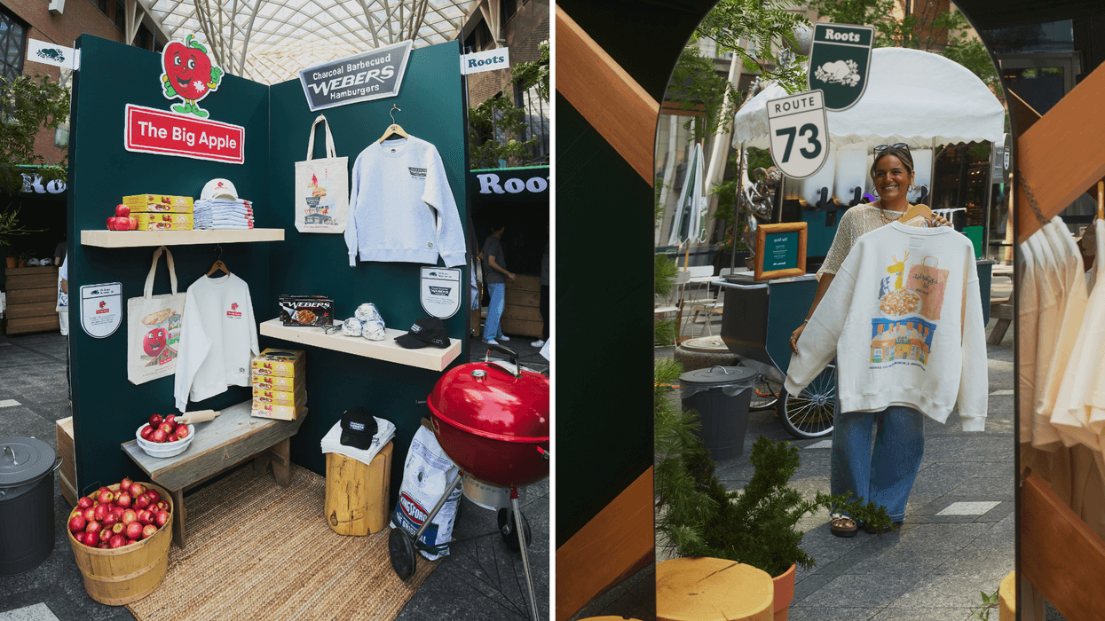 A stall with The Big Apple and Webers merch. Right: A person tries on a La Banquise sweatshirt.