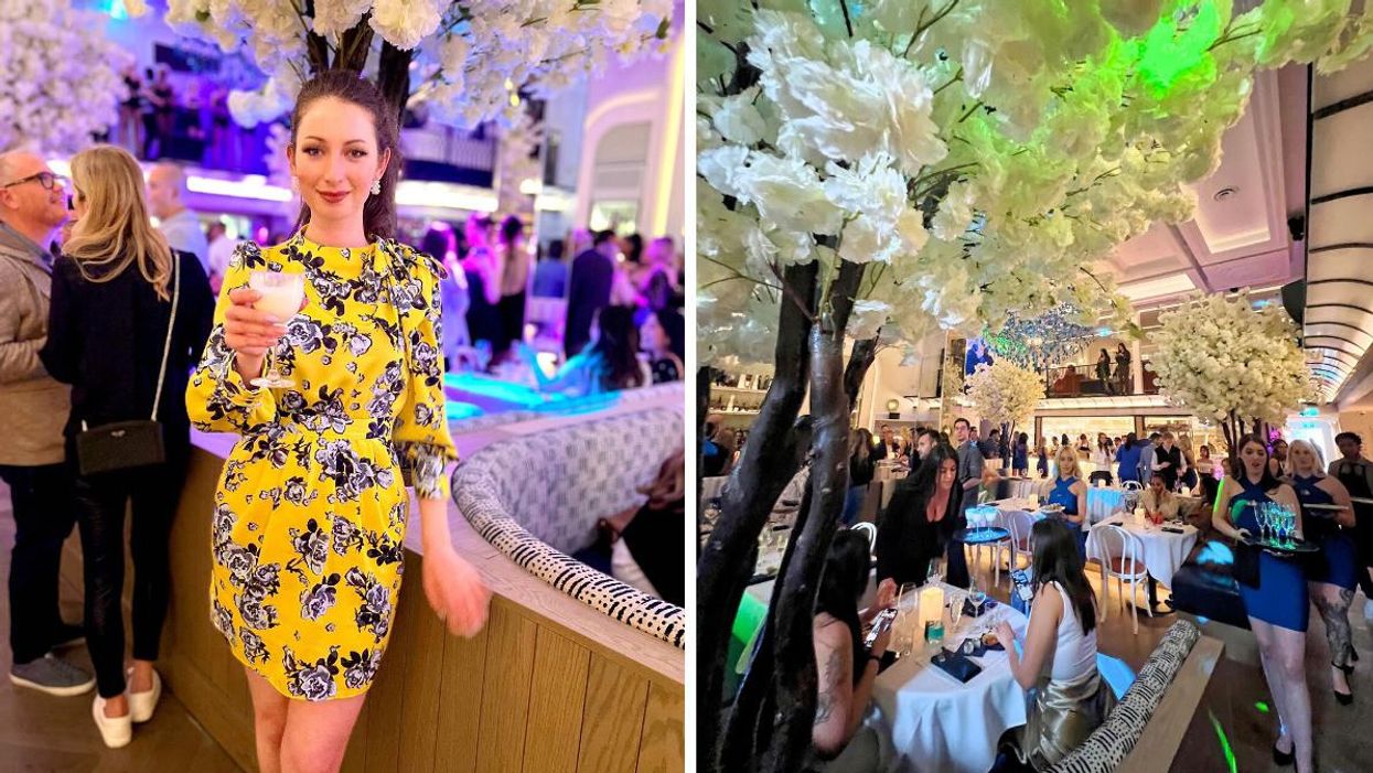 A standing woman in a yellow dress holding a drink at Mademoiselle Raw Bar + Grill in Toronto, Ontario. Right: A crowd sitting at tables in the bar.