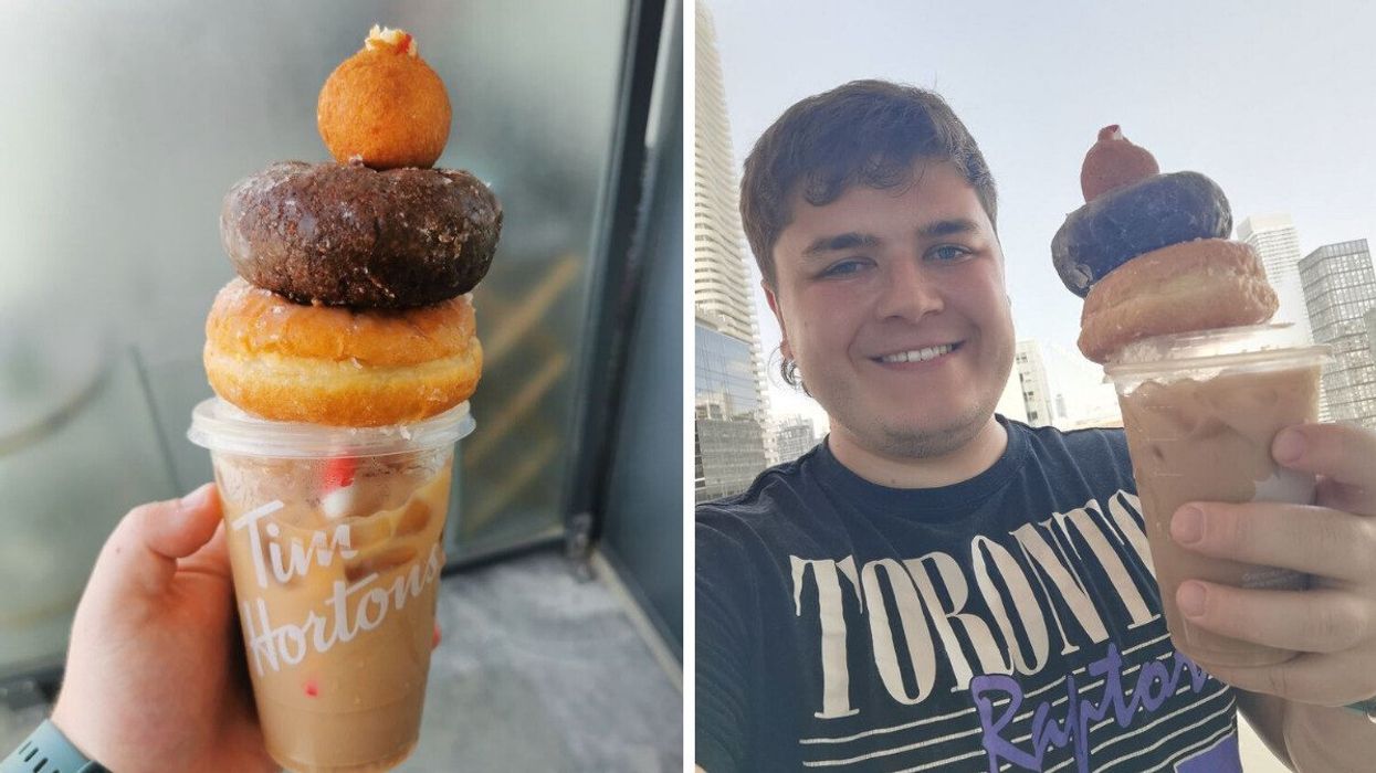 A 'Stanley Cup' from Tim Hortons. Right: Narcity writer Tomás Keating takes a selfie with a Stanley Cup from Tim Hortons.