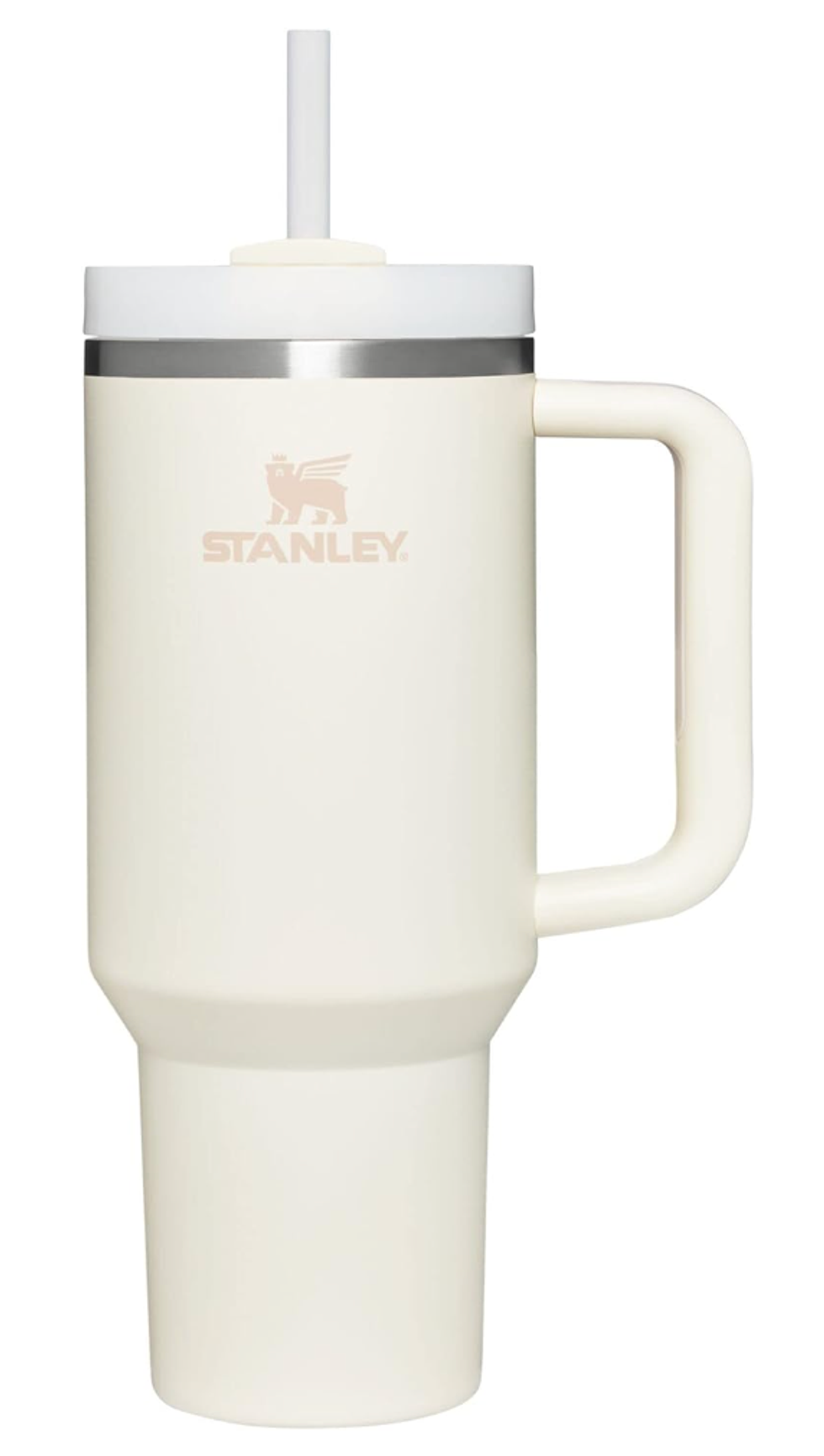 A Stanley Quencher insulated tumbler with lid and straw.