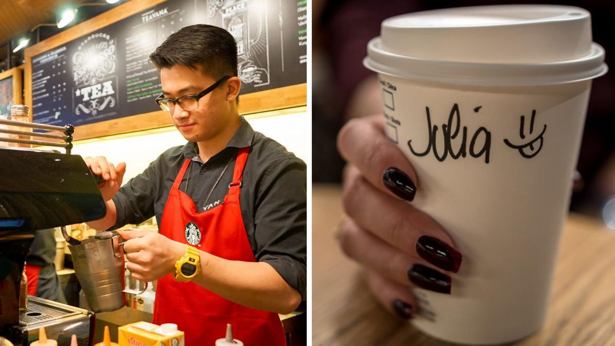 A Starbucks barista making a hot drink. Right: A Starbucks drink.