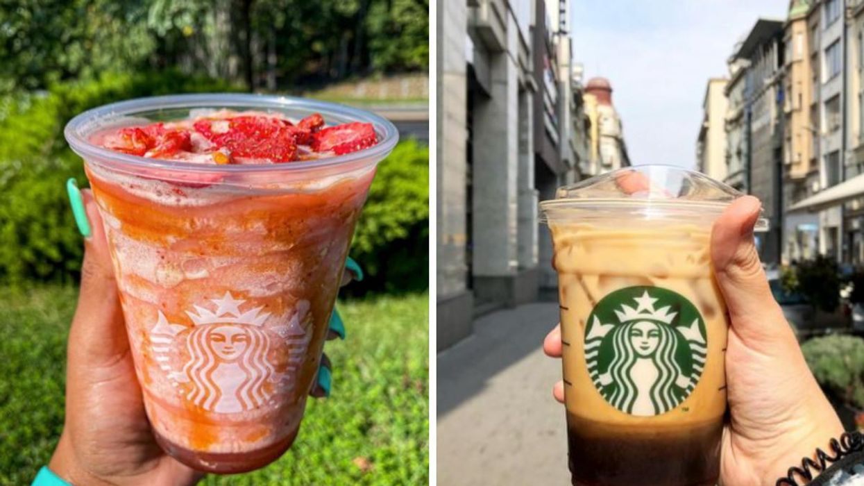 A Starbucks Blended Strawberry Lemonade. Right: A Starbucks Iced Shaken Espresso.