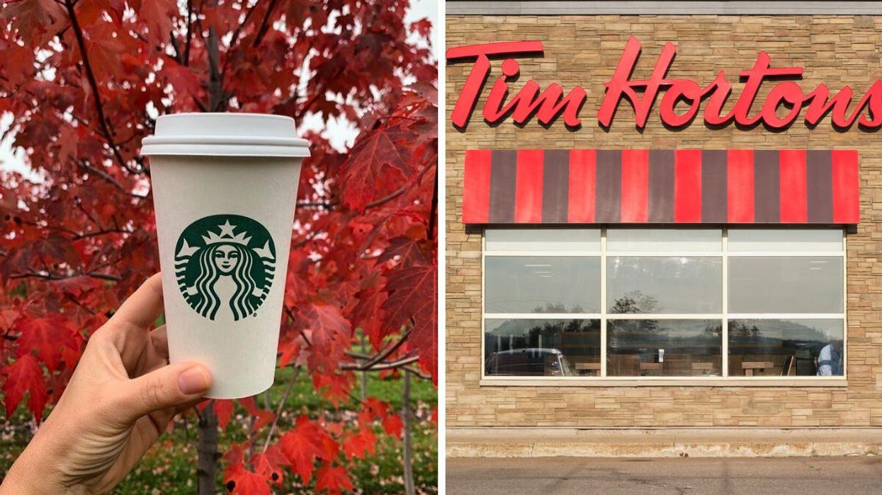 A Starbucks cup. Right: A Tim Hortons restaurant in Nova Scotia.
