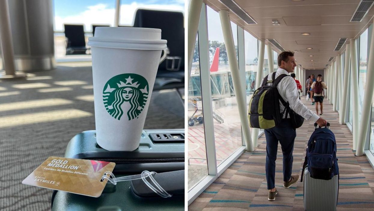 A Starbucks cup with luggage. Right: A man boards a flight.