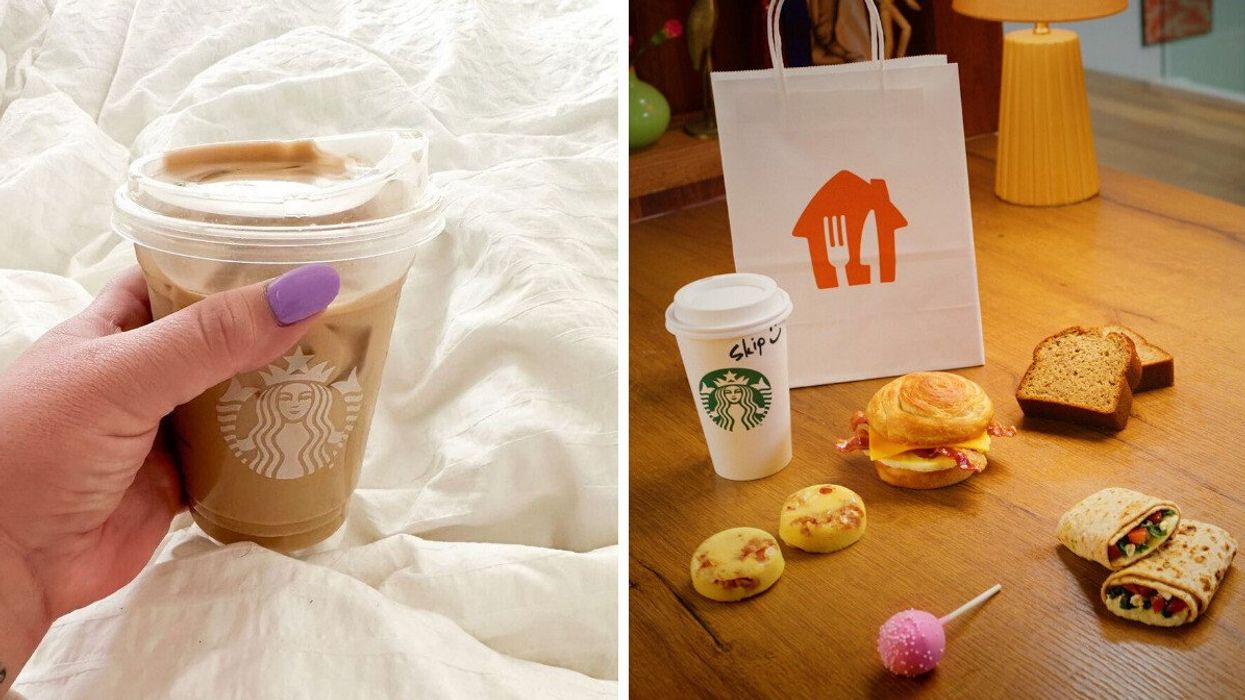 A Starbucks drink against bed linen. Right: A Starbucks order delivered by SkipTheDishes.