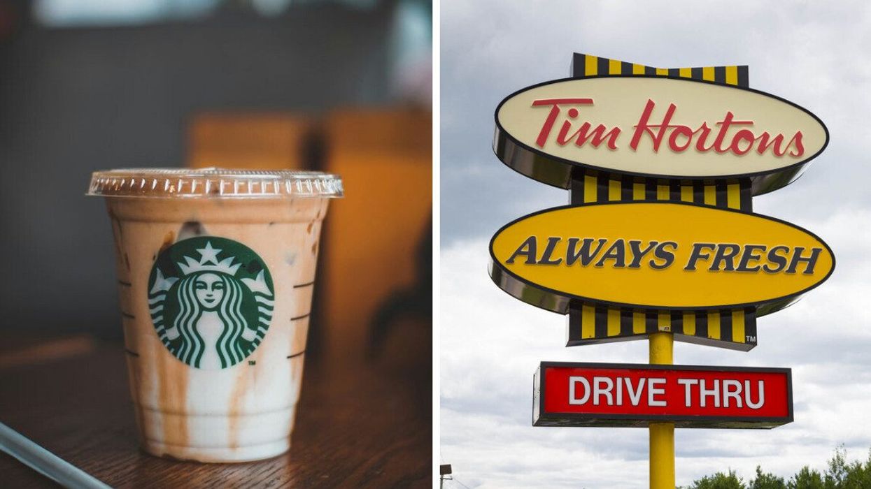 A Starbucks drink. Right: A Tim Hortons sign.