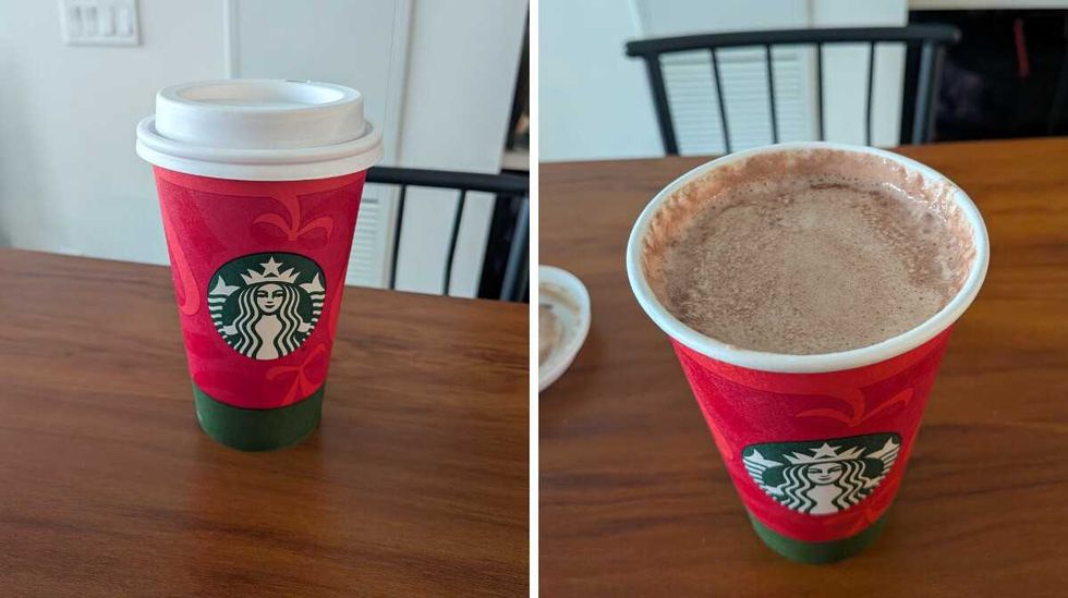 A Starbucks hot chocolate cup. Right: A Starbucks hot chocolate without the lid.