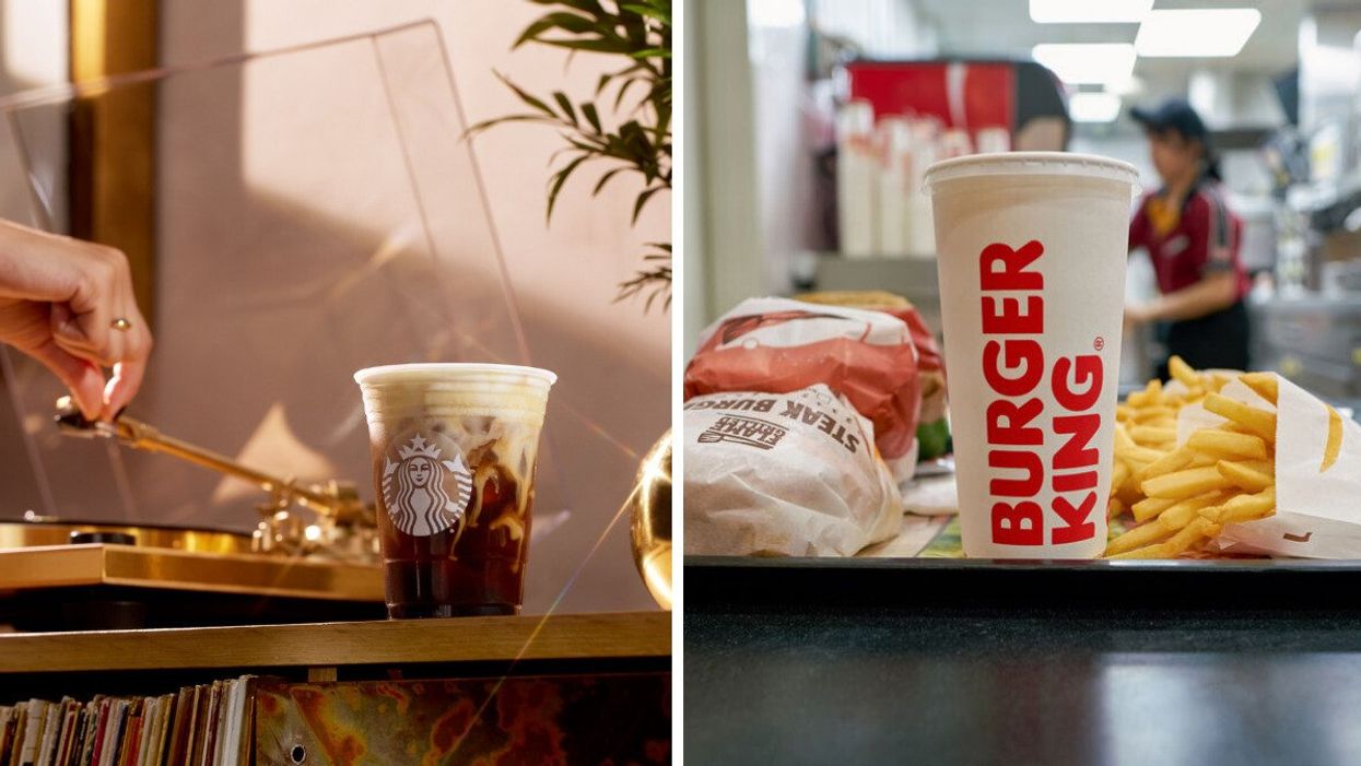 A Starbucks Oleato drink. Right: A tray of Burger king food.