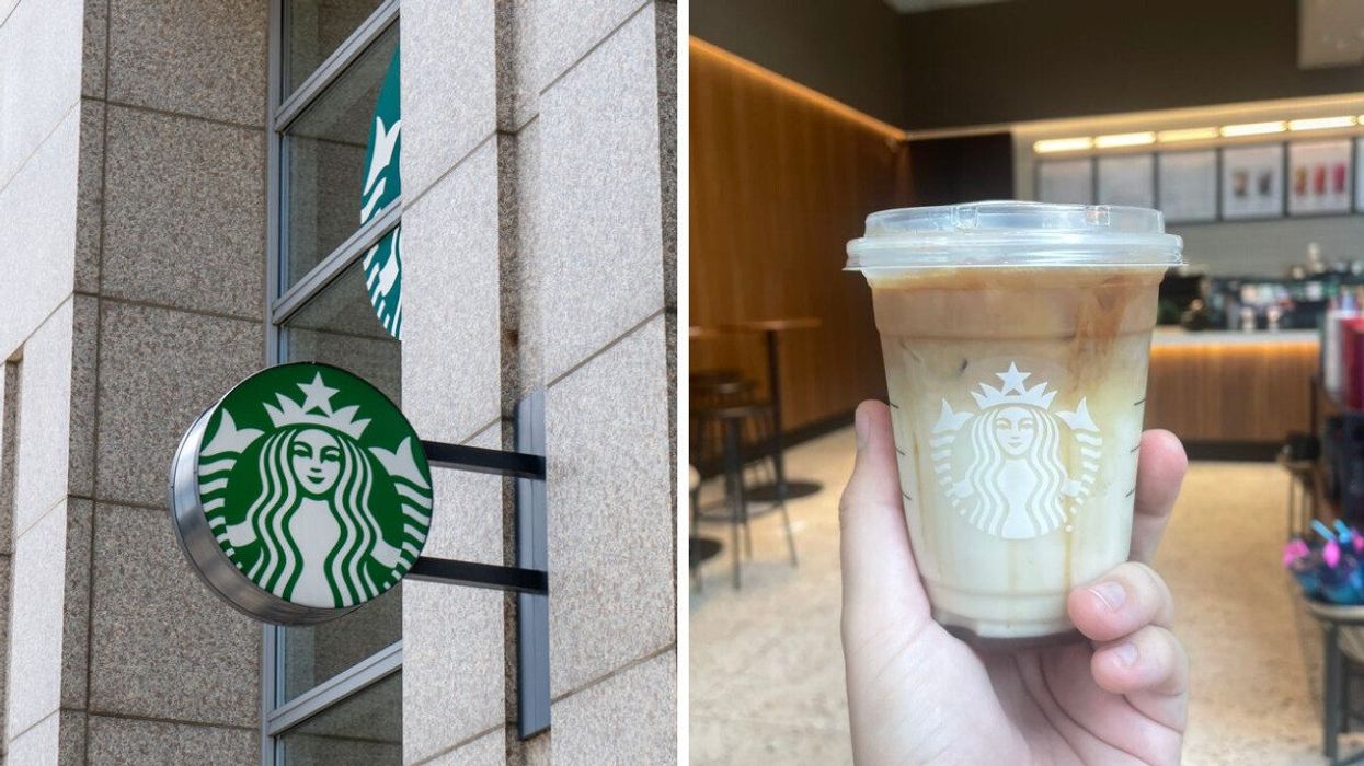 A Starbucks sign. Right: A new Starbucks fall drink.