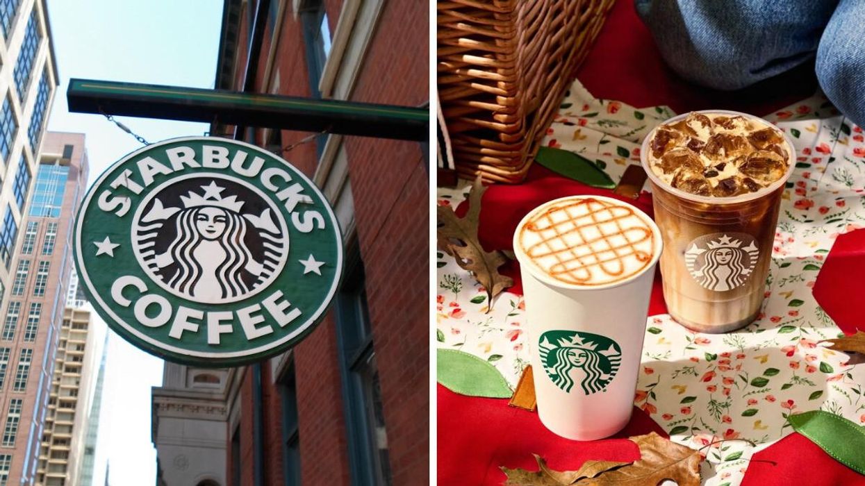 A Starbucks sign. Right: Starbucks drinks.