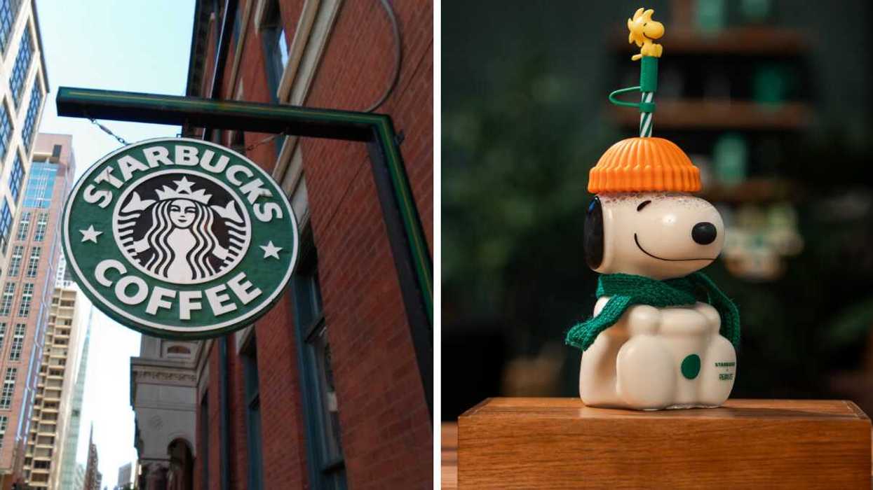A Starbucks sign. Right: The brand new Snoopy Glass Cold Cup from Starbucks.