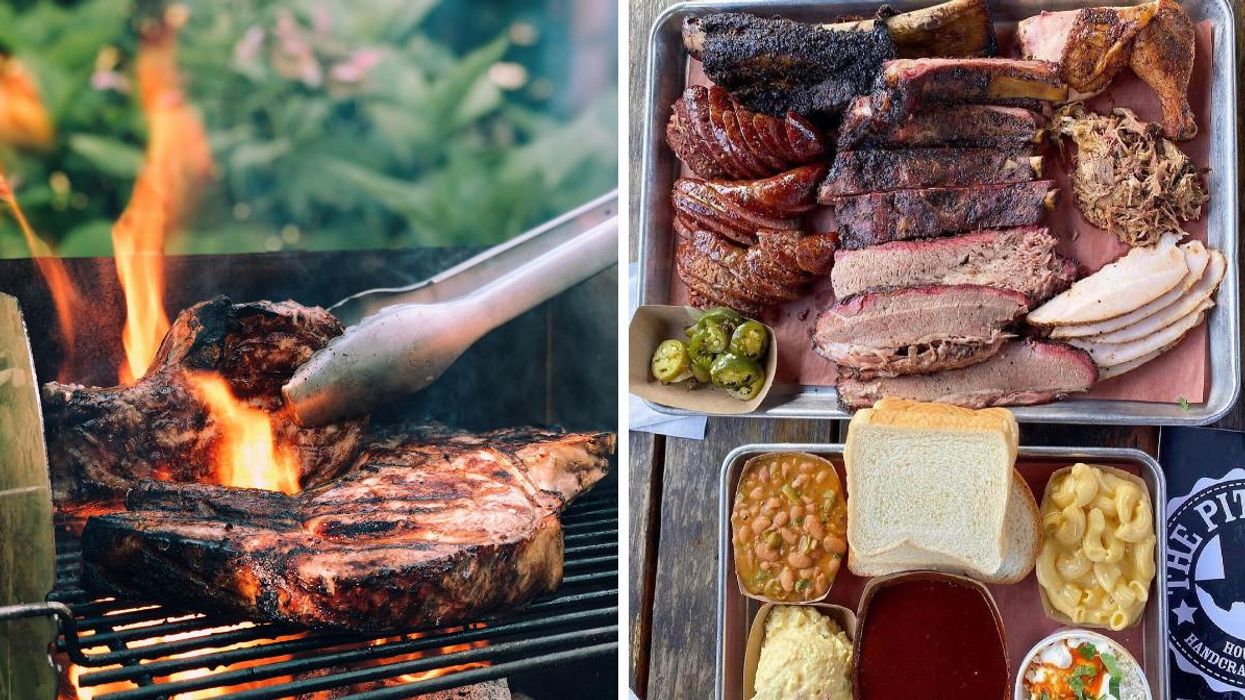 A steak on the grill. Right: Two trays of barbecue food from The Pit Room in Houston, TX.