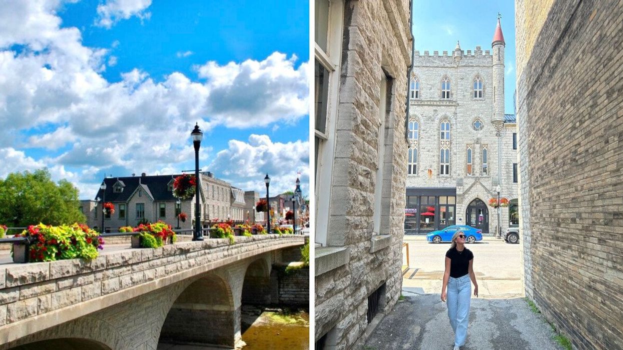 A stone bridge and buildings. Right: A person walking down a stone alleyway.