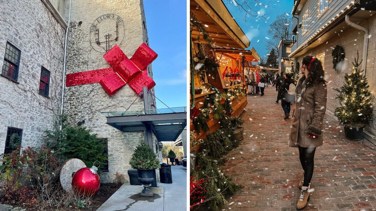 A stone building with a red bow on it. Right: A person standing in a Christmas market.