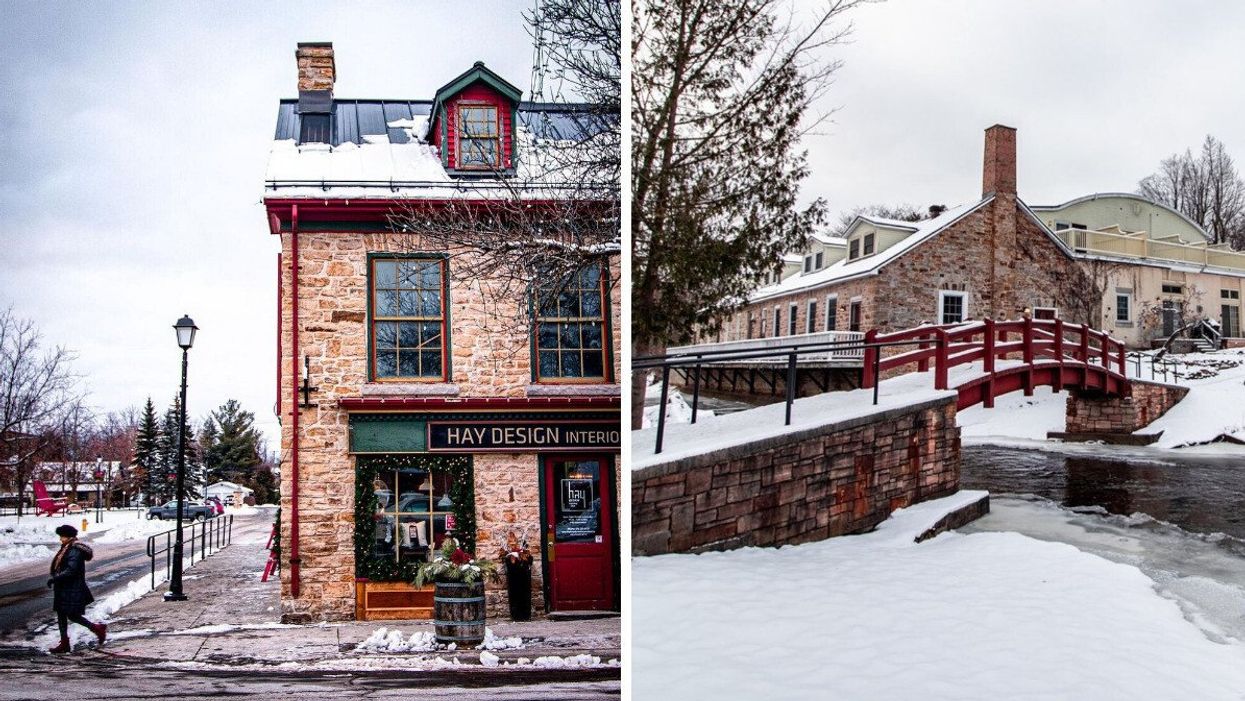 A stone building with green and red accents stands on a snowy street. Right: A snow-covered red bridge crosses a partially frozen stream next to a historic stone building.